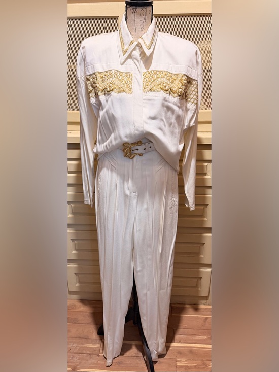 Cache Pants - VTG 2Pc Pearl & Gold Embellished Pant Set from Cache’s Gold Label Era